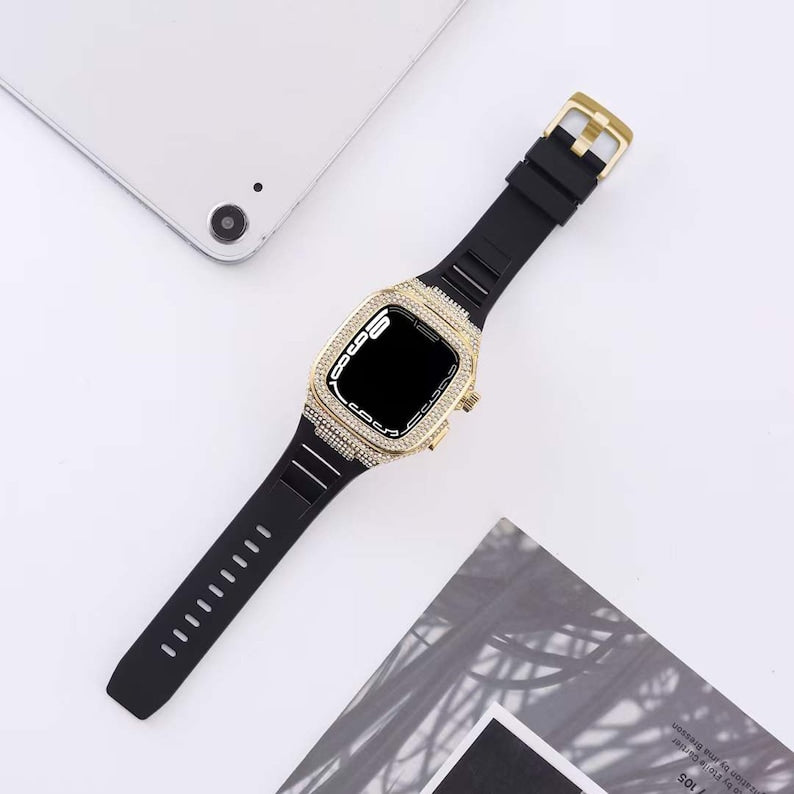 Bling Diamond Apple Watch Case Band White Black Alloy Metal All Rhinestones Gift for Mom Her Him Charms 44mm 45mm Series 4 5 6 7 8 SE